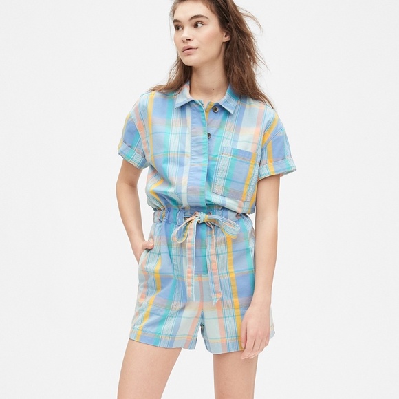 Gap Sz 14 Short Sleeve Plaid Romper Drawstring Waist Pockets Button Down - Picture 1 of 14